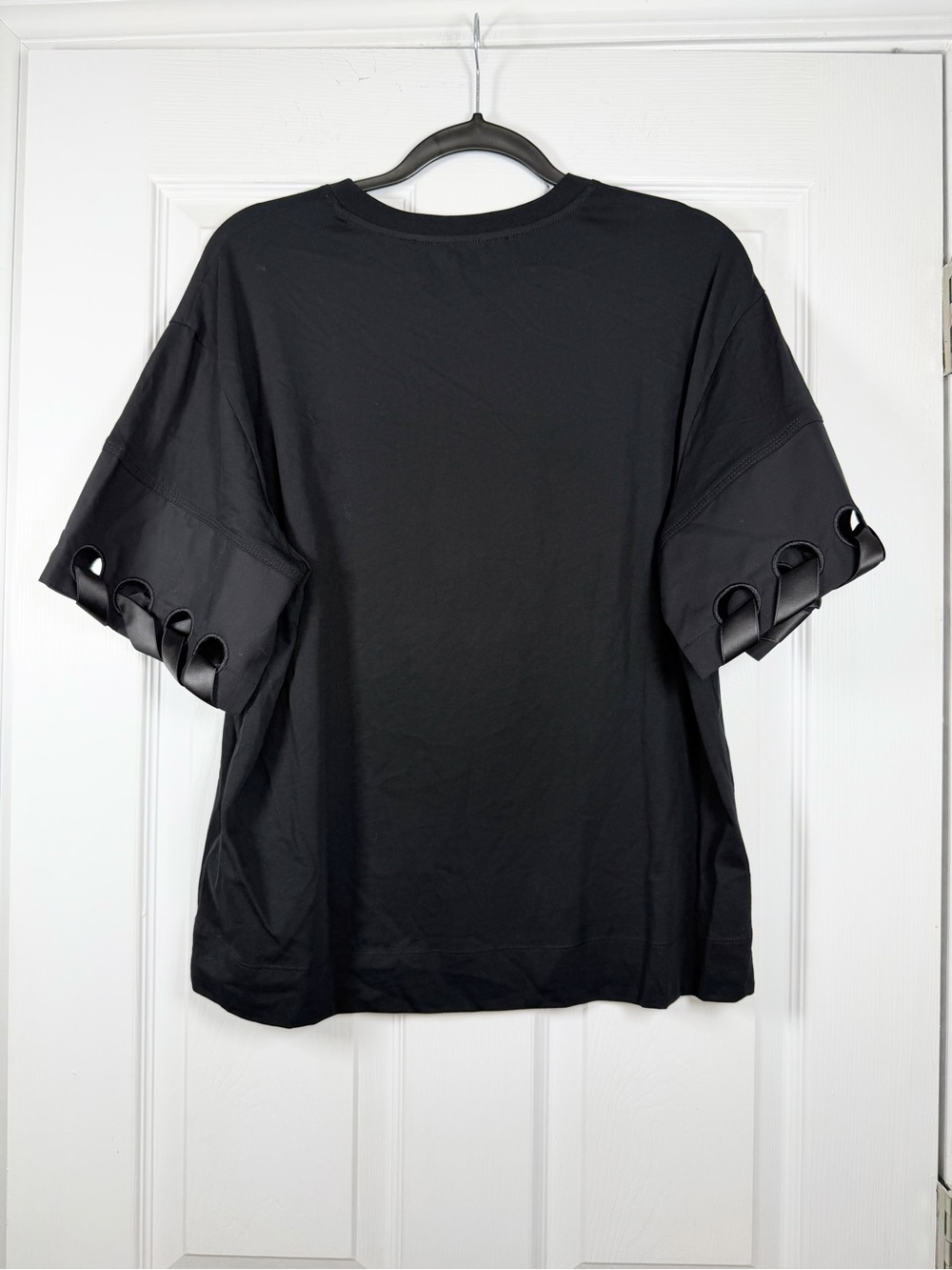 VICTORIA BECKHAM Size S • Black Satin Sleeve Detail Short Sleeve T Shirt Top. - Picture 6 of 6